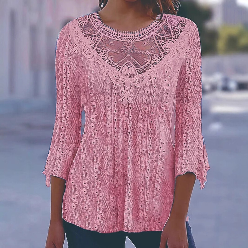 2025 Prekogranični europski i američki ljetni novi udobni i ležeran top s tričetvrt rukavima i šupljom perspektivom s čipkom