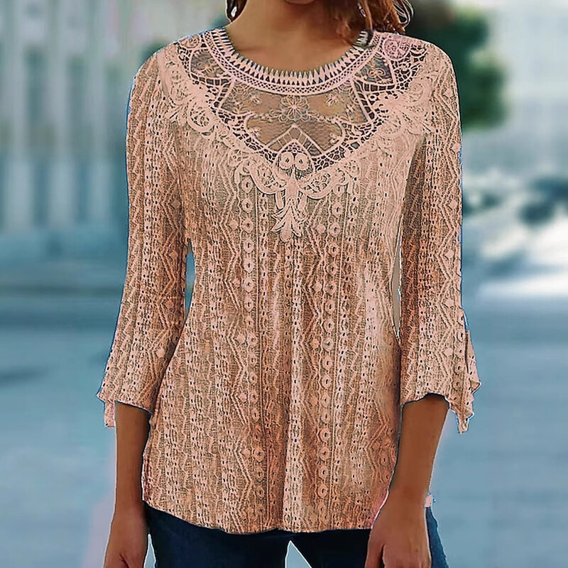 2025 Prekogranični europski i američki ljetni novi udobni i ležeran top s tričetvrt rukavima i šupljom perspektivom s čipkom