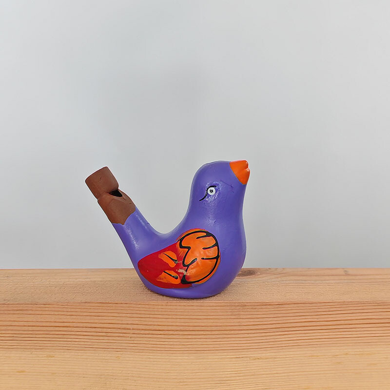 Violetas smiltis, ar rokām apgleznota, putna svilpe, bērnu jautra rotaļlieta, ūdensputna svilpe, svilpes siksniņa, keramikas muzikālais putns, tieši no putnu fabrikas