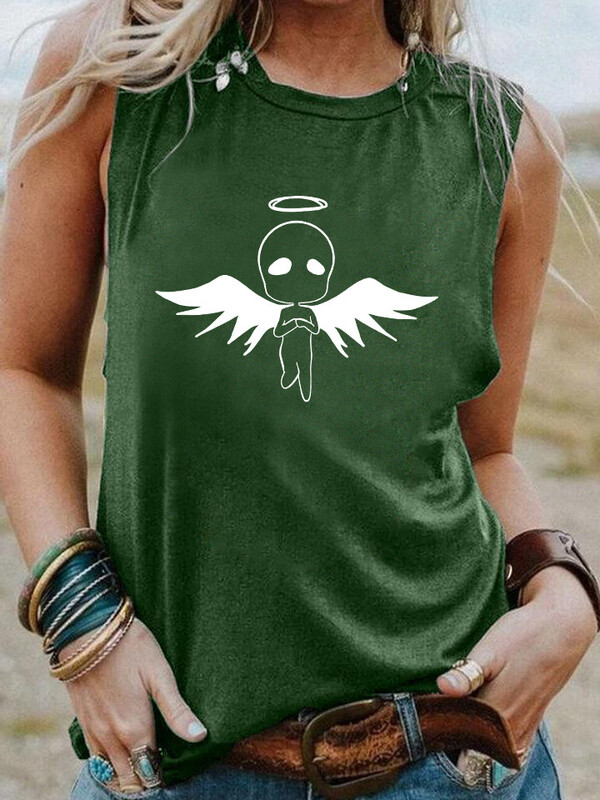 Тениска без ръкави с щампа на букви и крилат извънземен за жени