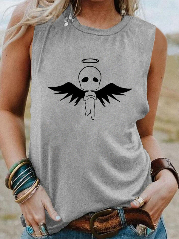 Тениска без ръкави с щампа на букви и крилат извънземен за жени