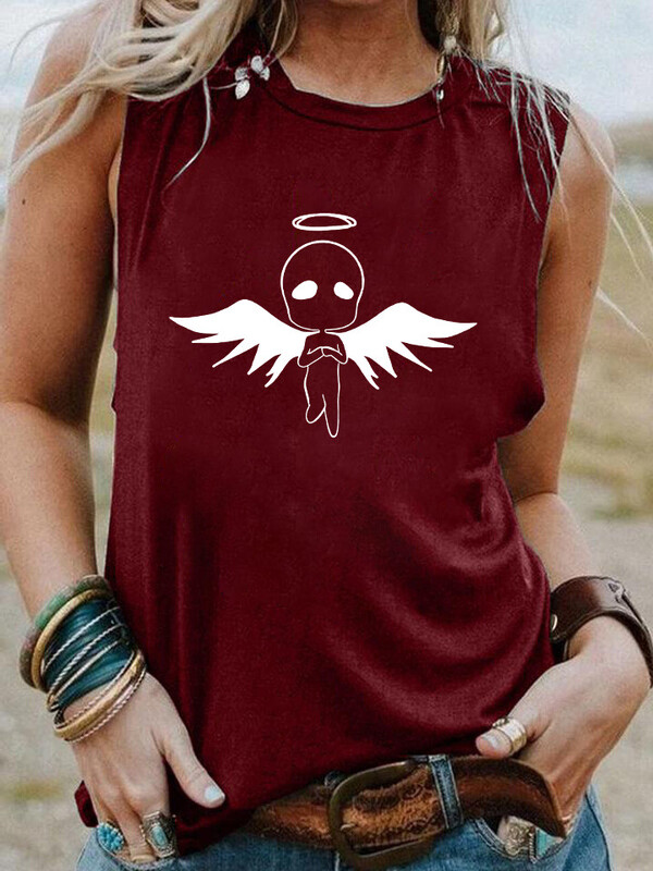 Тениска без ръкави с щампа на букви и крилат извънземен за жени