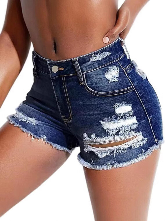 Спот Европейски и американски разкъсани дамски дънкови шорти с висока талия, тънки, горещи модни дънки за момичета