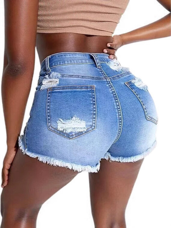 Спот Европейски и американски разкъсани дамски дънкови шорти с висока талия, тънки, горещи модни дънки за момичета