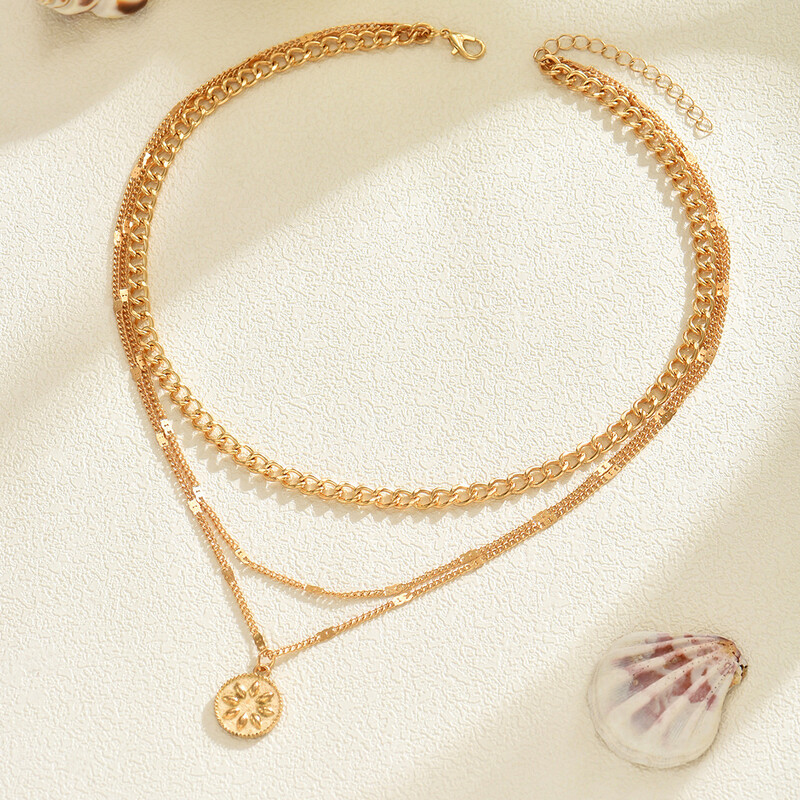 Europski i američki prekogranični privjesak s cvjetnim diskom, hip-hop trend, višeslojni, jednostavan, složiv, moderan, svestran ogrlica za žene veleprodaja