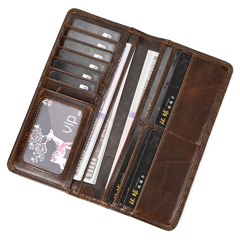 Нов мъжки портфейл от естествена кожа, държач за карти, восъчна кожа, дълъг портфейл с 20% отстъпка, портфейл с няколко слота за карти