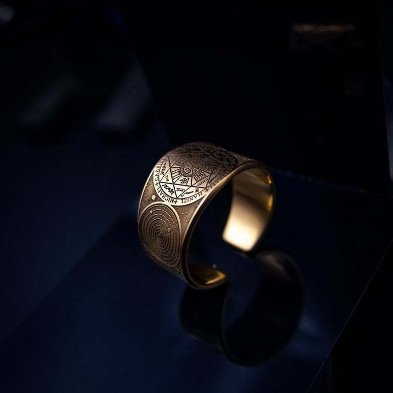 Руски амулет, ръчно изработен, винтидж, ангел, вселена, таен, соломонов печат, месингов регулируем пръстен