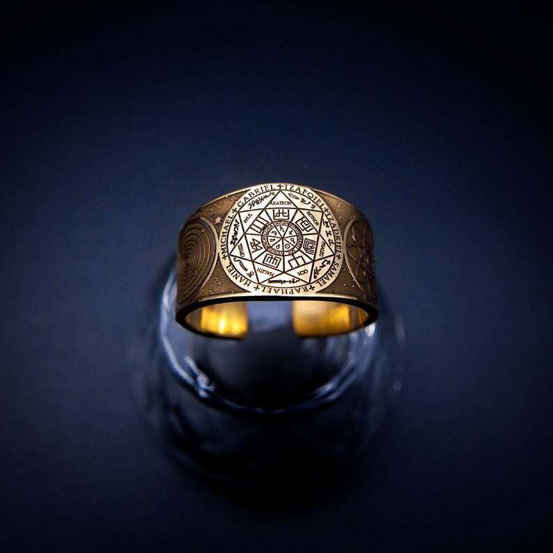 Krievu amulets, roku darbs, vintage, eņģelis, Visums, noslēpums, Zālamana zīmogs, misiņa regulējams gredzens