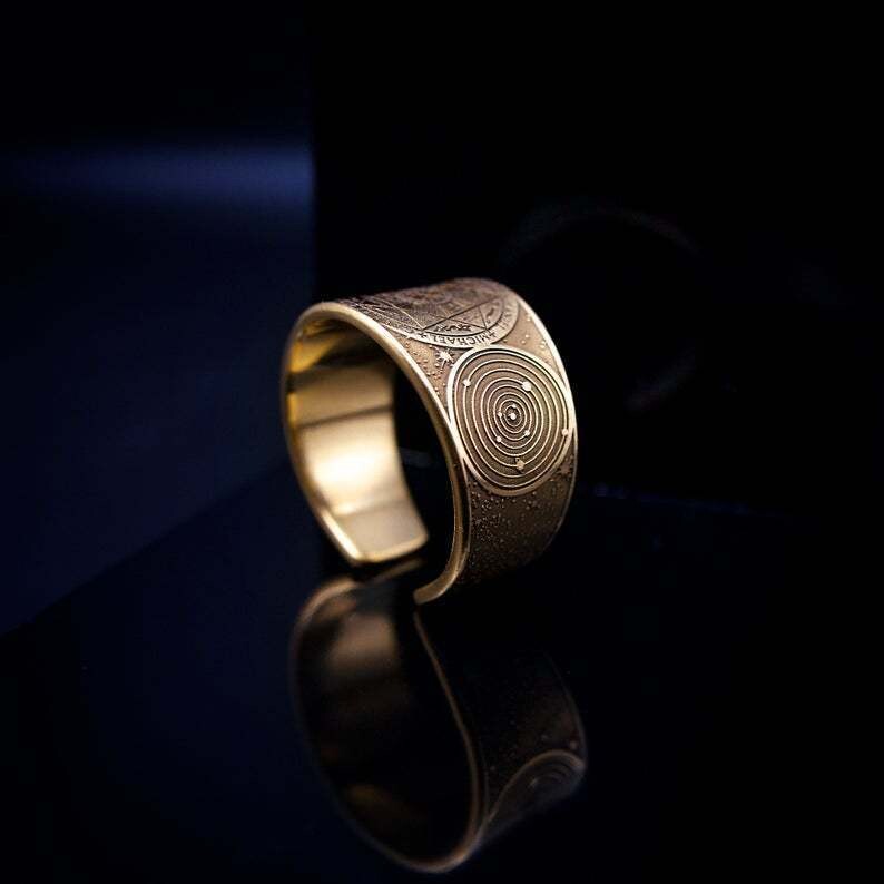 Руски амулет, ръчно изработен, винтидж, ангел, вселена, таен, соломонов печат, месингов регулируем пръстен