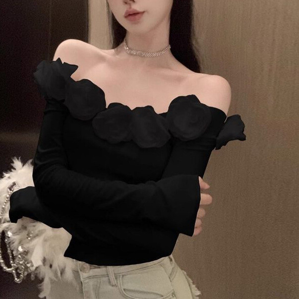 [Оригинална изработка] Дамска тениска с дълъг ръкав и едно рамо с открита ключица и френски цветен мотив