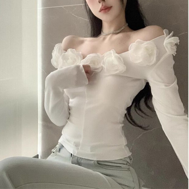 [Оригинална изработка] Дамска тениска с дълъг ръкав и едно рамо с открита ключица и френски цветен мотив