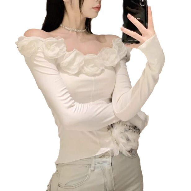 [Оригинална изработка] Дамска тениска с дълъг ръкав и едно рамо с открита ключица и френски цветен мотив