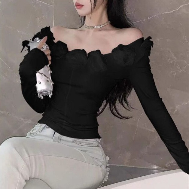 [Оригинална изработка] Дамска тениска с дълъг ръкав и едно рамо с открита ключица и френски цветен мотив