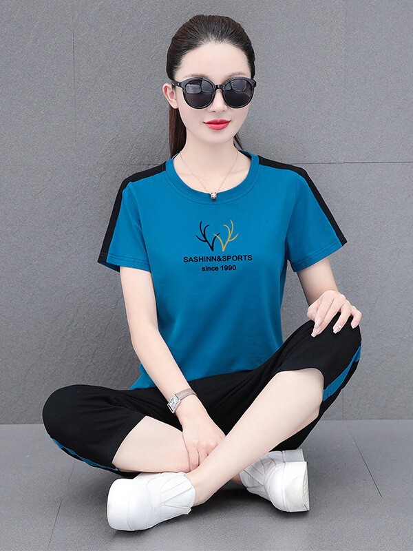 Aukštos kokybės grynos medvilnės sportinis kostiumas moterims, naujas vasarinis stilius, laisvas ir kūną dengiantis, temperamentingas, trumpomis rankovėmis šortai, laisvalaikio dviejų dalių kostiumas.