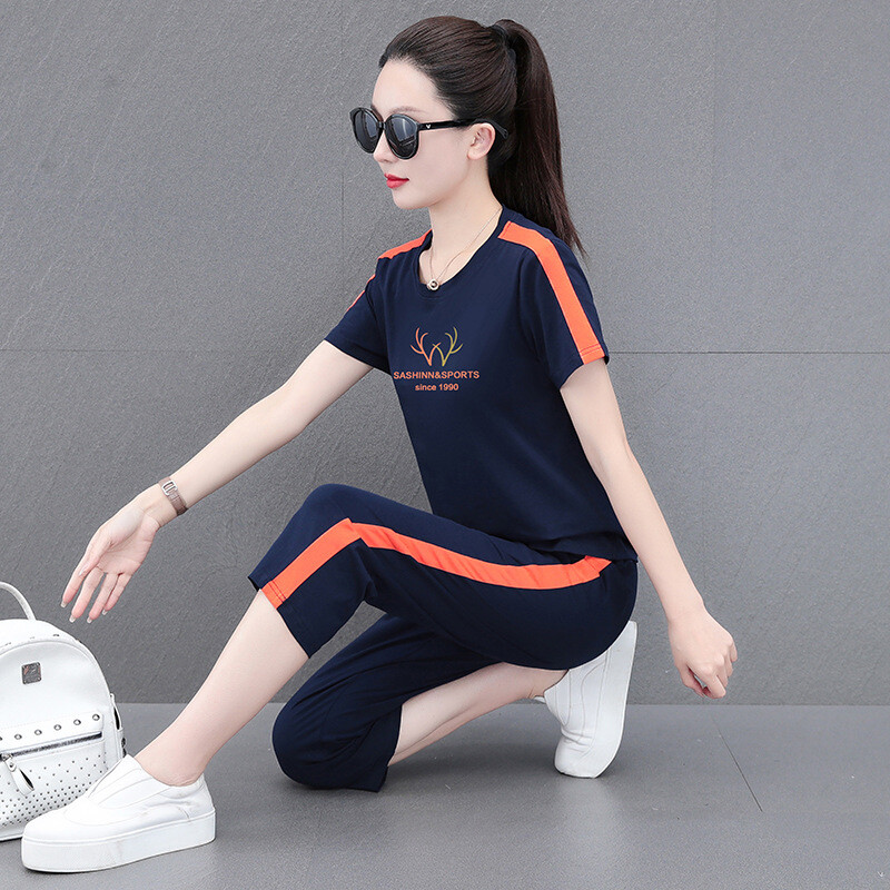 Aukštos kokybės grynos medvilnės sportinis kostiumas moterims, naujas vasarinis stilius, laisvas ir kūną dengiantis, temperamentingas, trumpomis rankovėmis šortai, laisvalaikio dviejų dalių kostiumas.