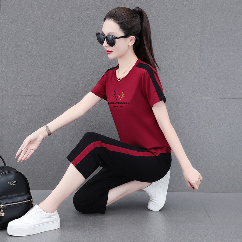 Aukštos kokybės grynos medvilnės sportinis kostiumas moterims, naujas vasarinis stilius, laisvas ir kūną dengiantis, temperamentingas, trumpomis rankovėmis šortai, laisvalaikio dviejų dalių kostiumas.