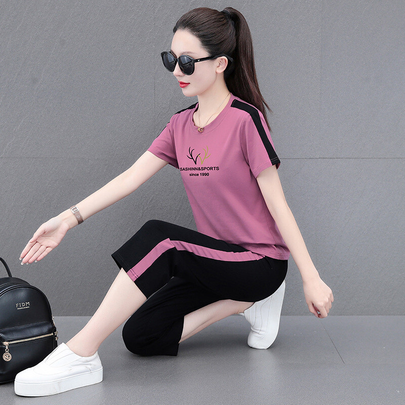 Aukštos kokybės grynos medvilnės sportinis kostiumas moterims, naujas vasarinis stilius, laisvas ir kūną dengiantis, temperamentingas, trumpomis rankovėmis šortai, laisvalaikio dviejų dalių kostiumas.