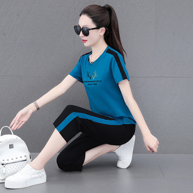 Aukštos kokybės grynos medvilnės sportinis kostiumas moterims, naujas vasarinis stilius, laisvas ir kūną dengiantis, temperamentingas, trumpomis rankovėmis šortai, laisvalaikio dviejų dalių kostiumas.