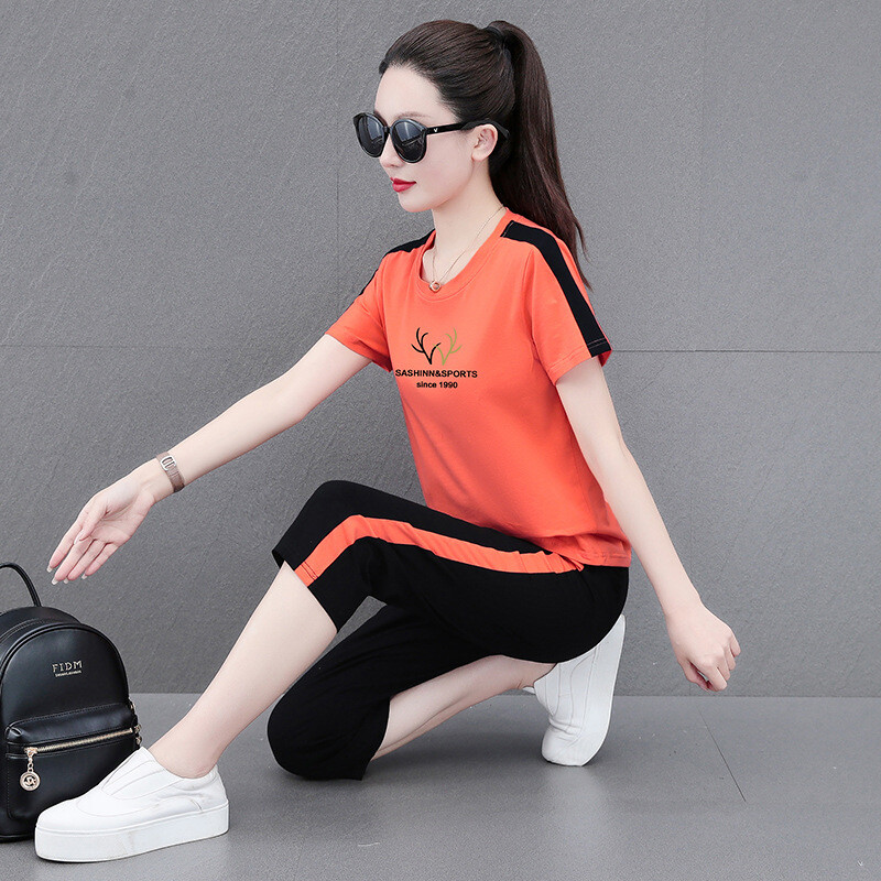 Aukštos kokybės grynos medvilnės sportinis kostiumas moterims, naujas vasarinis stilius, laisvas ir kūną dengiantis, temperamentingas, trumpomis rankovėmis šortai, laisvalaikio dviejų dalių kostiumas.