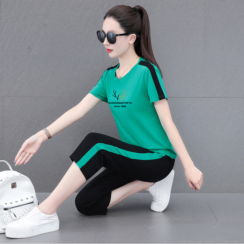 Aukštos kokybės grynos medvilnės sportinis kostiumas moterims, naujas vasarinis stilius, laisvas ir kūną dengiantis, temperamentingas, trumpomis rankovėmis šortai, laisvalaikio dviejų dalių kostiumas.