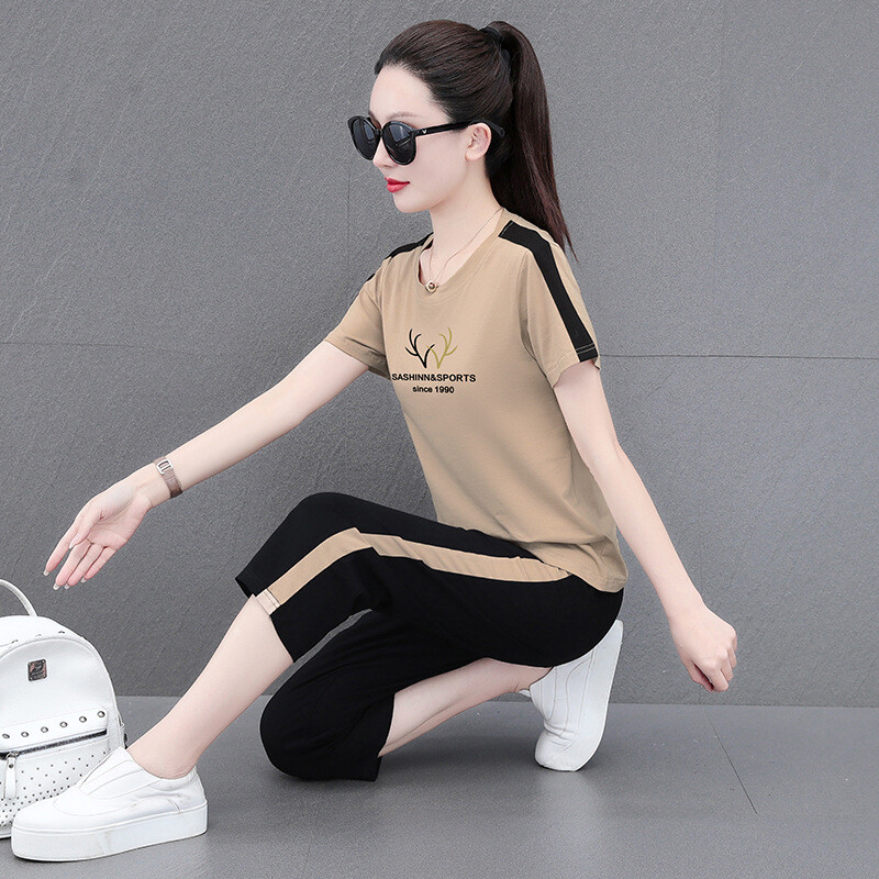 Aukštos kokybės grynos medvilnės sportinis kostiumas moterims, naujas vasarinis stilius, laisvas ir kūną dengiantis, temperamentingas, trumpomis rankovėmis šortai, laisvalaikio dviejų dalių kostiumas.