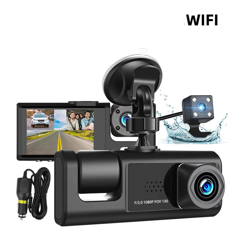 Tarpvalstybinio vairavimo įrašymas HD naktinio matymo 1080P priekinė, vidinė ir galinė 2 colių trijų objektyvų automobilio kamera