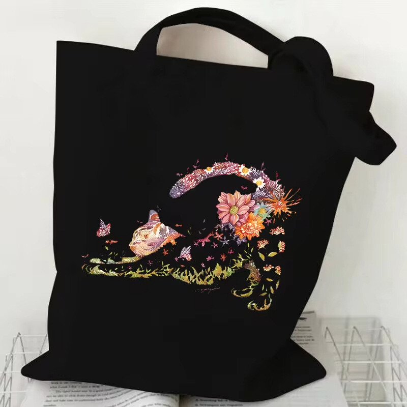 Ženska torba preko ramena s printom mačaka i cvijeća, vintage estetska torba s dizajnom mačaka, djevojačka torba za kupovinu