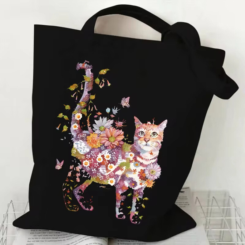 Ženska torba preko ramena s printom mačaka i cvijeća, vintage estetska torba s dizajnom mačaka, djevojačka torba za kupovinu
