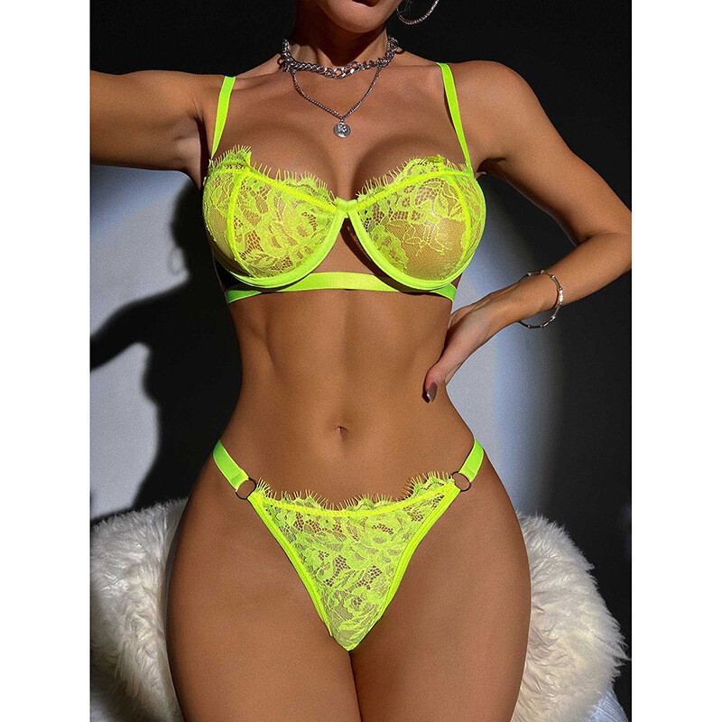 Europsko i američko vruće fluorescentno erotično donje rublje s čipkom, omotano remenom za prsa, seksi donje rublje, prozirno, personalizirano višebojno donje rublje