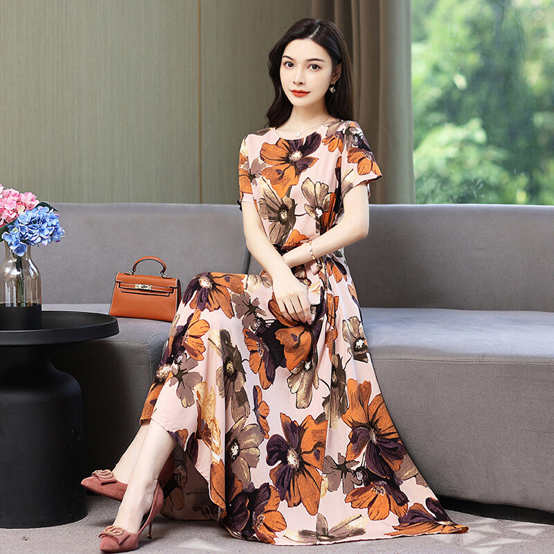 Лятна памучна копринена рокля на мама, големи размери, дебели мм, модна дълга пола, лятна изкуствена памучна дълга пола за жени на средна възраст и възрастни