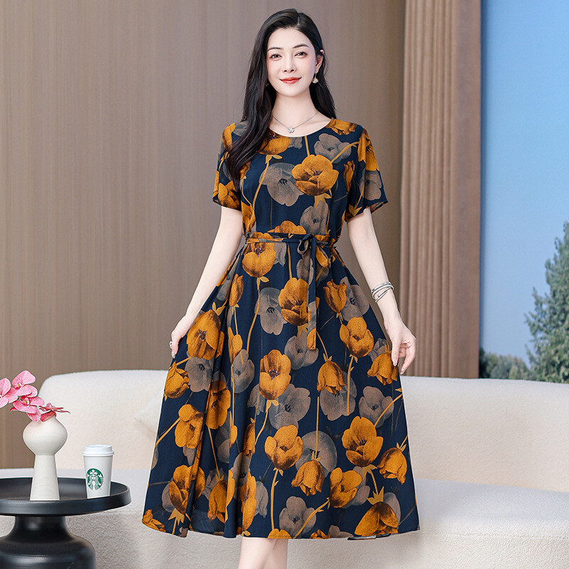 Лятна памучна копринена рокля на мама, големи размери, дебели мм, модна дълга пола, лятна изкуствена памучна дълга пола за жени на средна възраст и възрастни