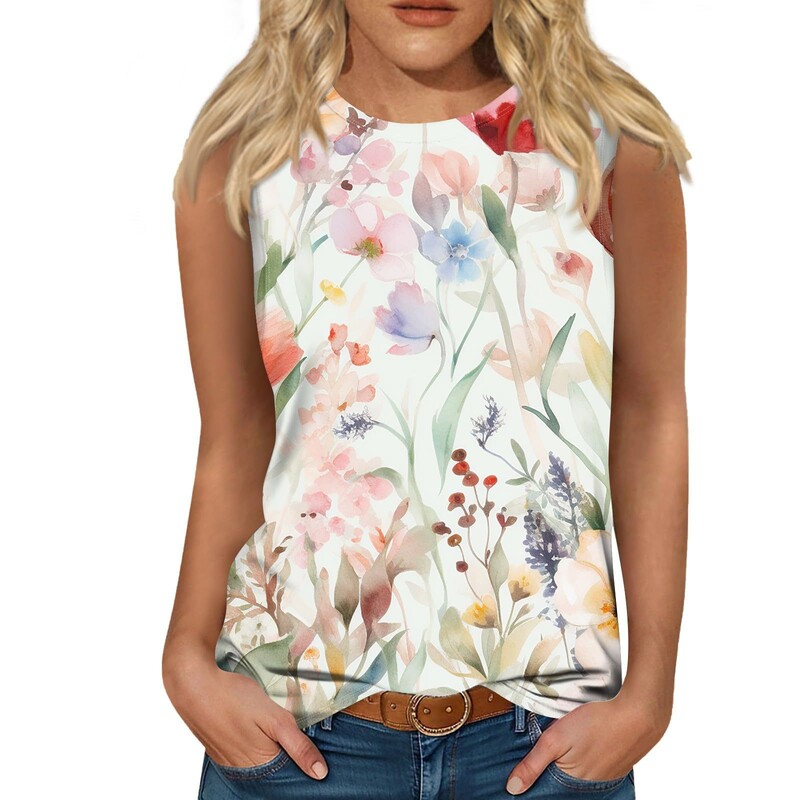 Novi europski i američki prekogranični ležerni univerzalni modni trend za 2025. s cvjetnim motivom i okruglim izrezom bez rukava