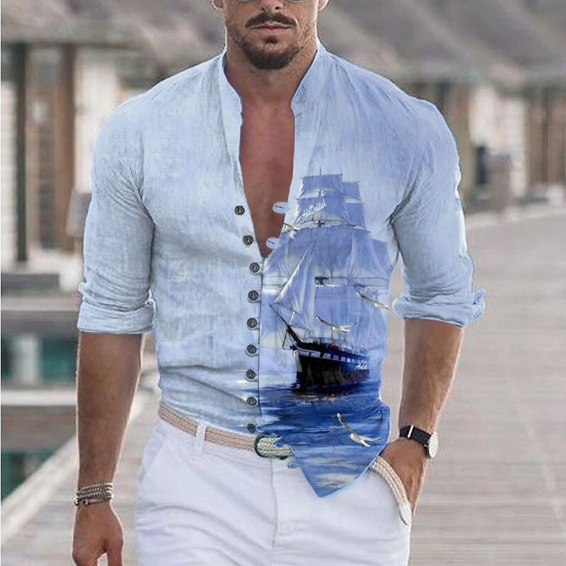 Najprodavanija proljetna i jesenska ležerna muška košulja s 3D digitalnim tiskom, 11 gumba, stojećim ovratnikom i dugim rukavima