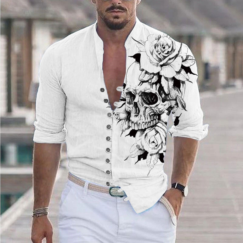 Najprodavanija proljetna i jesenska ležerna muška košulja s 3D digitalnim tiskom, 11 gumba, stojećim ovratnikom i dugim rukavima