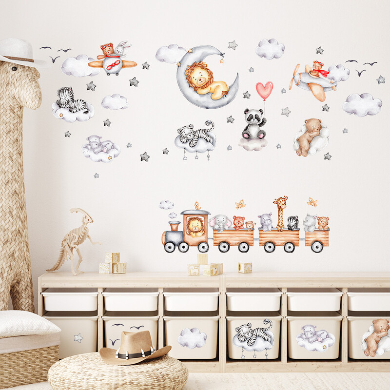 Animacinių traukinių lipdukai, liūtas, dramblys, žvaigždė, mėnulis, vaikų kambarys, išdėstymas, darželio dekoracija, lipnūs tapetai