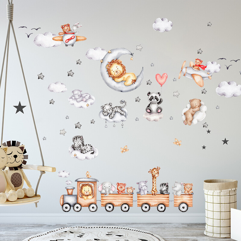 Animacinių traukinių lipdukai, liūtas, dramblys, žvaigždė, mėnulis, vaikų kambarys, išdėstymas, darželio dekoracija, lipnūs tapetai