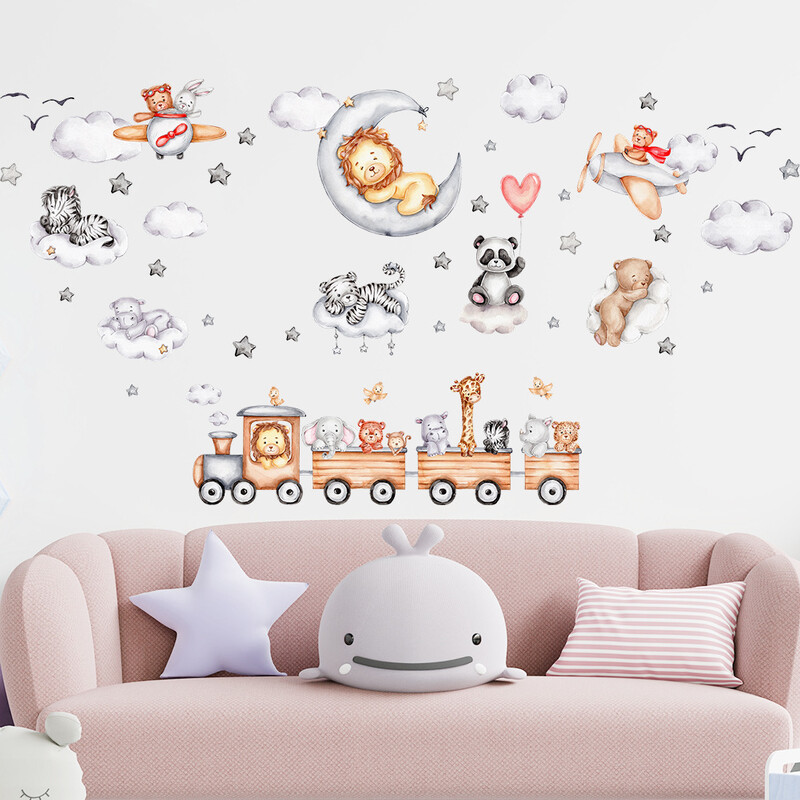 Animacinių traukinių lipdukai, liūtas, dramblys, žvaigždė, mėnulis, vaikų kambarys, išdėstymas, darželio dekoracija, lipnūs tapetai