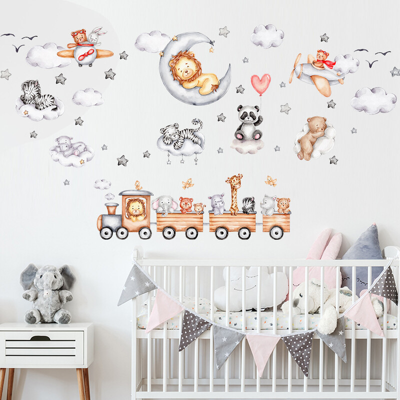 Animacinių traukinių lipdukai, liūtas, dramblys, žvaigždė, mėnulis, vaikų kambarys, išdėstymas, darželio dekoracija, lipnūs tapetai