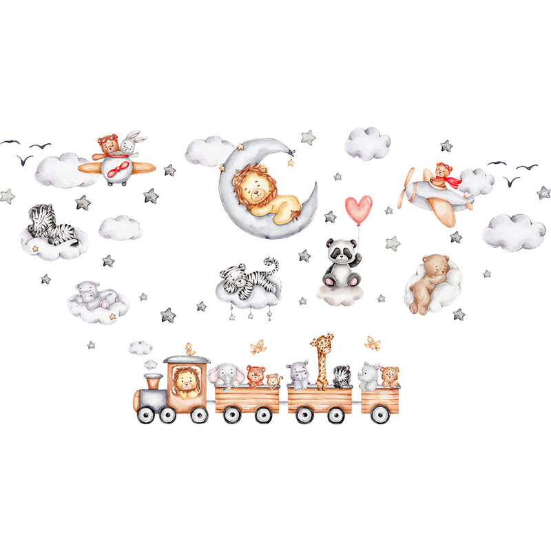 Animacinių traukinių lipdukai, liūtas, dramblys, žvaigždė, mėnulis, vaikų kambarys, išdėstymas, darželio dekoracija, lipnūs tapetai