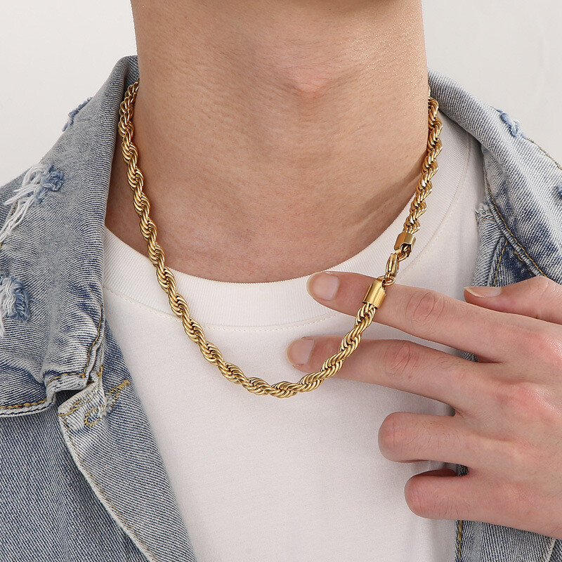 Moodne kullatud roostevabast terasest kaelakee mitmes suuruses, keerutatud kett meestele ja naistele, keerutatud titaanterasest kett, paarikaelakee