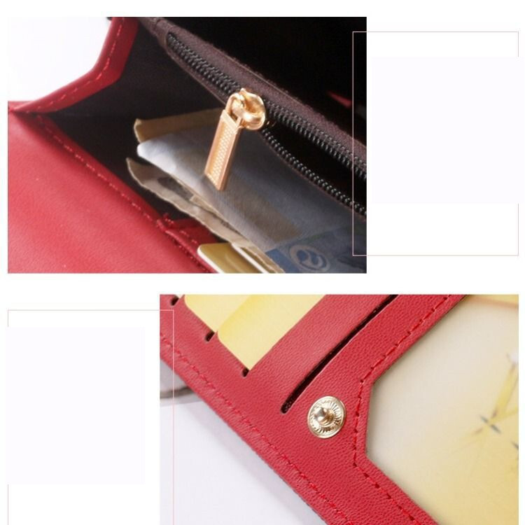 Европейски и американски моден прост трикратен дълъг малък портфейл за жени с многослойни слотокаве за, чадански за, чадански портмоне за монети, мини чанта за карти за жени