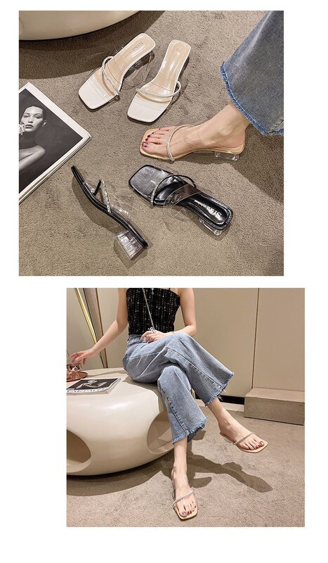 2025. aasta uued suvised läbipaistvad sandaalid, naiste keskmise kontsaga kingad paksude kontsade ja kristallidega, kõrged kontsad, haldjasstiilis rihmadega sandaalid