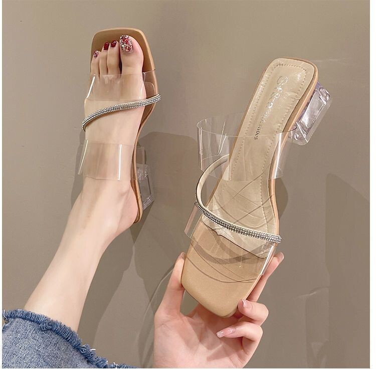2025. aasta uued suvised läbipaistvad sandaalid, naiste keskmise kontsaga kingad paksude kontsade ja kristallidega, kõrged kontsad, haldjasstiilis rihmadega sandaalid