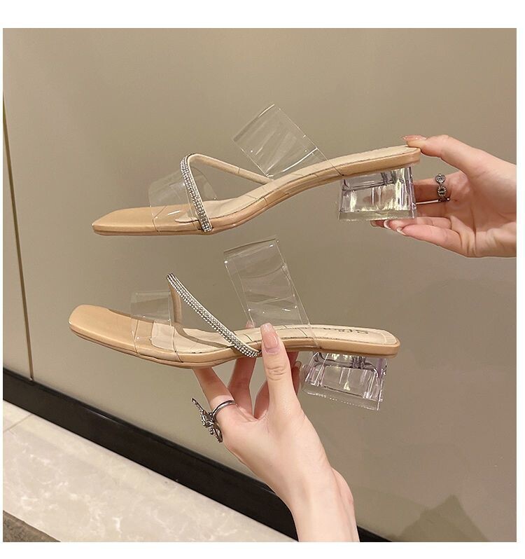 2025. aasta uued suvised läbipaistvad sandaalid, naiste keskmise kontsaga kingad paksude kontsade ja kristallidega, kõrged kontsad, haldjasstiilis rihmadega sandaalid