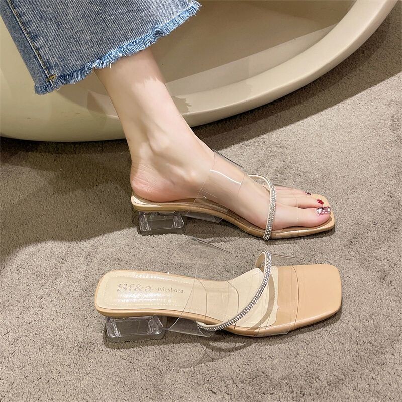 2025. aasta uued suvised läbipaistvad sandaalid, naiste keskmise kontsaga kingad paksude kontsade ja kristallidega, kõrged kontsad, haldjasstiilis rihmadega sandaalid