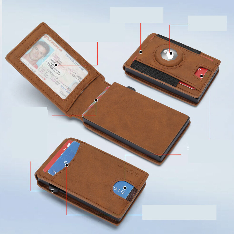 Meeste rahakott piiriülese jälgimise ja õhusildi positsioneerimisega, vargusvastane kaardihoidja, mitme kaardipesaga kaardihoidja, valmistatud ehtsast nahast