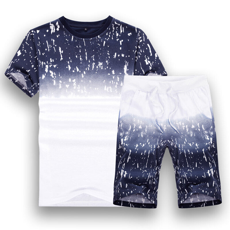 Vyriškas dviejų dalių sportinis kostiumas, vasarinis, laisvas ir patogus, trumpomis rankovėmis, marškinėliai, vyriškos bėgimo kelnės, laisvalaikio sportinė apranga