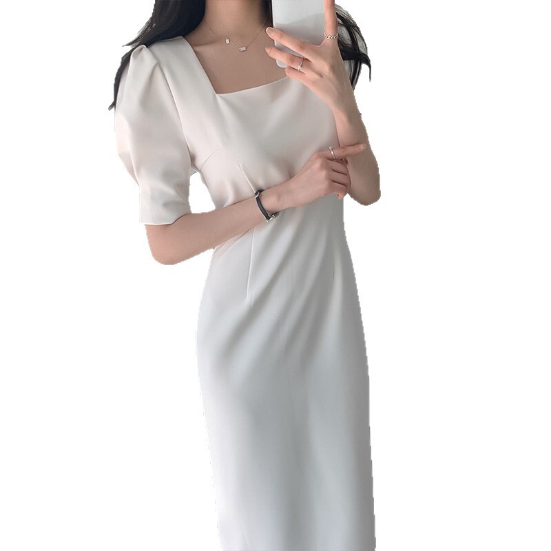 Корейски шик френски темперамент знаменитост квадратна яка рокля за ханш дамска лятна талия покриваща корема тънка права пола