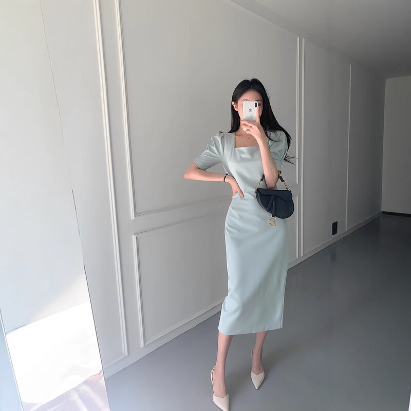 Корейски шик френски темперамент знаменитост квадратна яка рокля за ханш дамска лятна талия покриваща корема тънка права пола