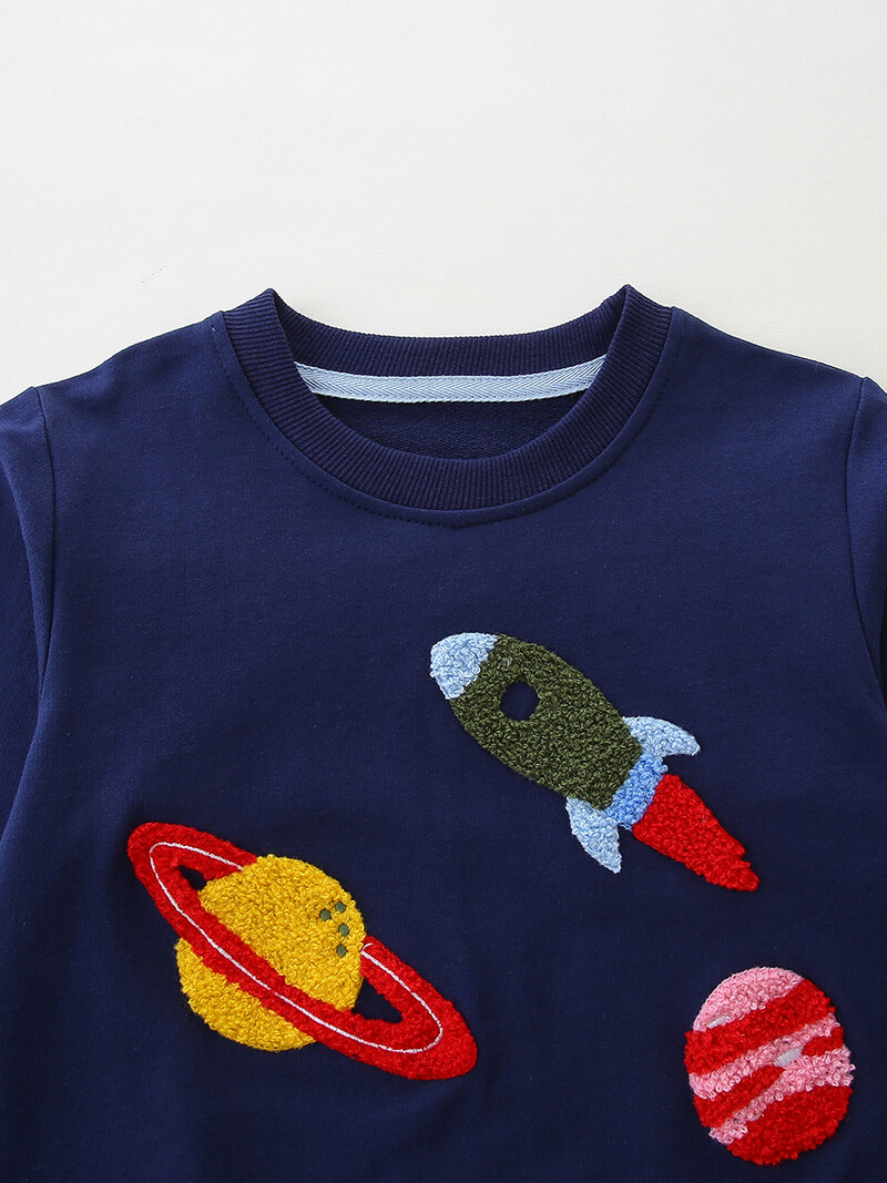 AostaBetty Euroopa ja Ameerika stiilis laste dressipluus koomiksiriide, tikandi ja kootud puuvillase ümara kaelusega.